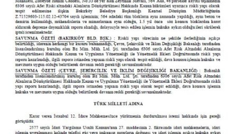Ataköy 1. Kısımda Bulunan Binanın Yürütmeyi Durdurma İtirazı Ret Edildi