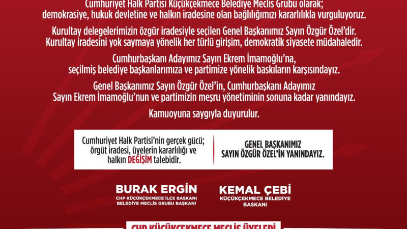 CUMHURİYET HALK PARTİSİ KÜÇÜKÇEKMECE İLÇE BAŞKANI, BELEDİYE BAŞKANI VE BELEDİYE MECLİS ÜYELERİNDEN 
